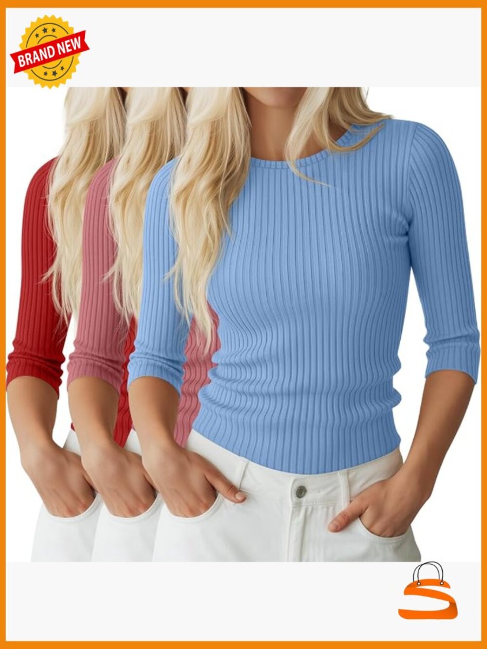 3 Pack 3/4 Sleeve Ribbed Tops Crew Neck Slim Fit Tees